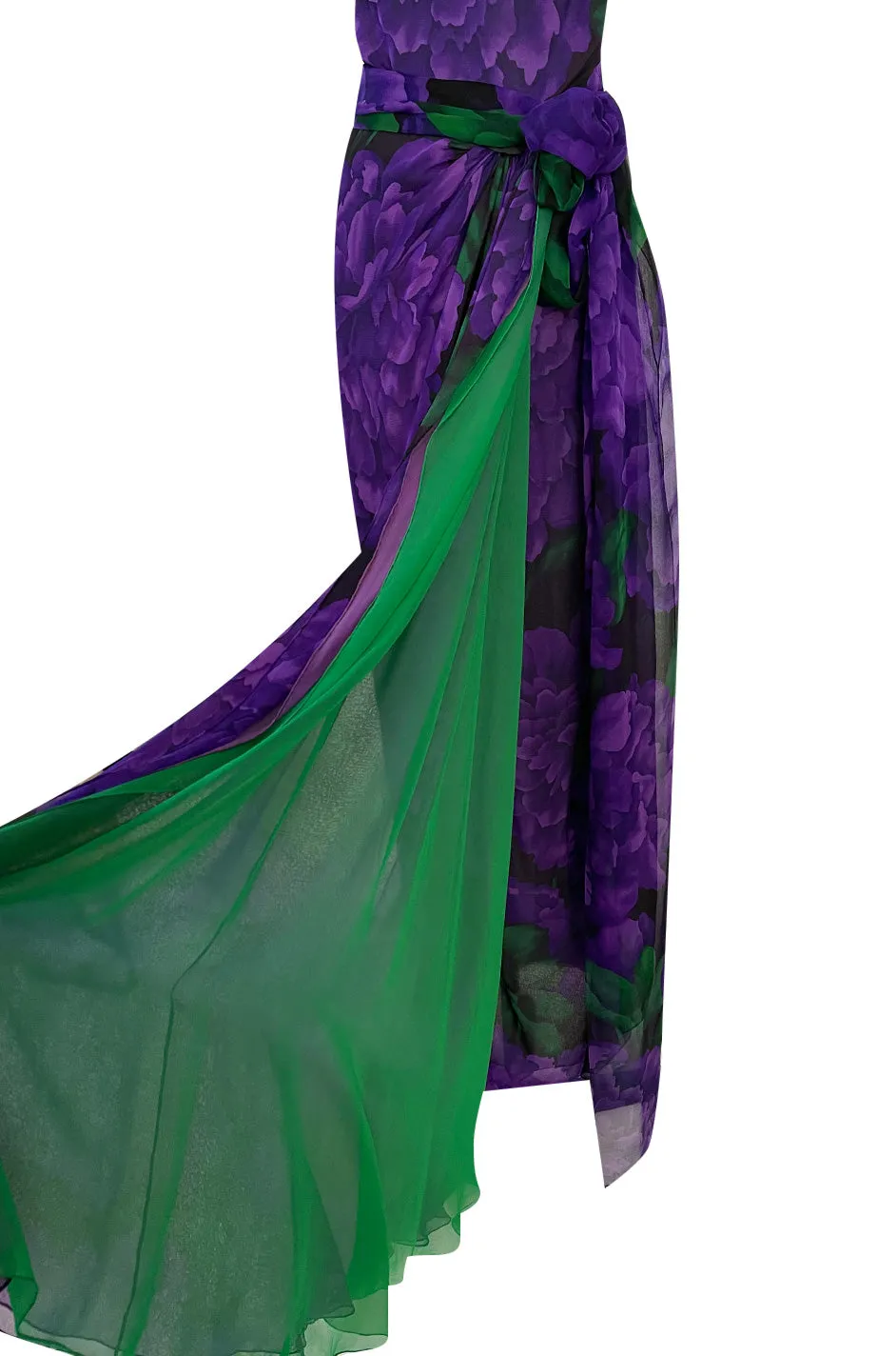 Gorgeous 1970s James Galanos Couture Purple & Green Print Silk Chiffon Dress w Draped Skirt