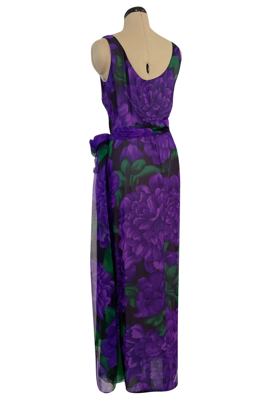 Gorgeous 1970s James Galanos Couture Purple & Green Print Silk Chiffon Dress w Draped Skirt