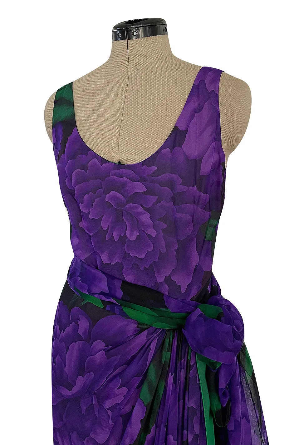 Gorgeous 1970s James Galanos Couture Purple & Green Print Silk Chiffon Dress w Draped Skirt