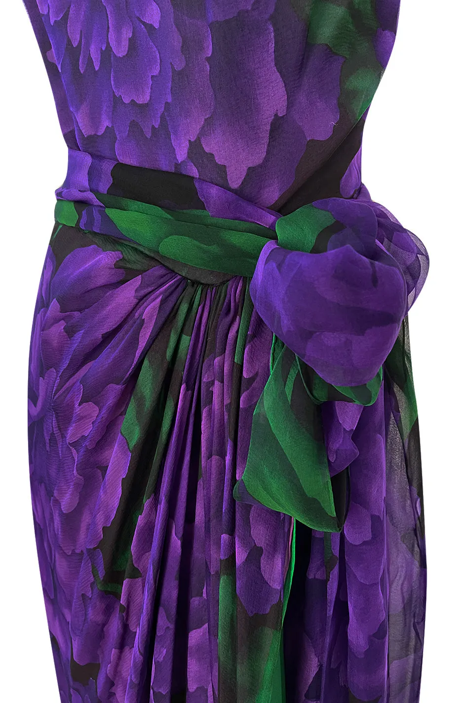 Gorgeous 1970s James Galanos Couture Purple & Green Print Silk Chiffon Dress w Draped Skirt