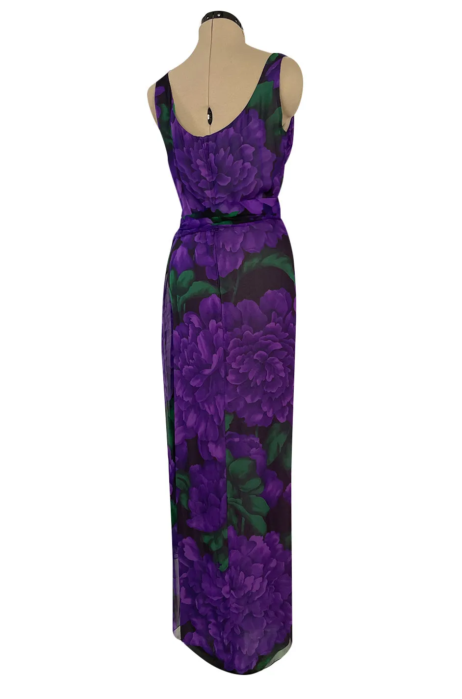 Gorgeous 1970s James Galanos Couture Purple & Green Print Silk Chiffon Dress w Draped Skirt