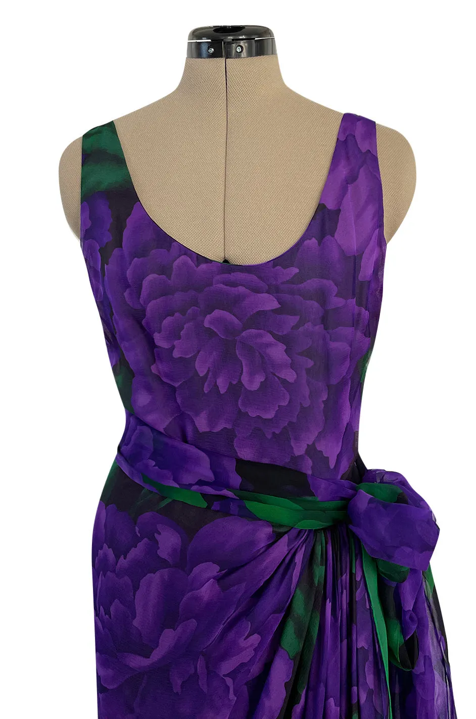 Gorgeous 1970s James Galanos Couture Purple & Green Print Silk Chiffon Dress w Draped Skirt