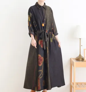 Green Loose Fall Floral Women Coat Long Sleeve Women Linen Trench Coat S90921