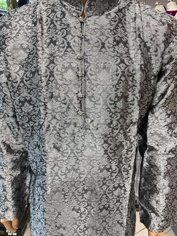 Grey Men's Brocade Kurta Pyjama