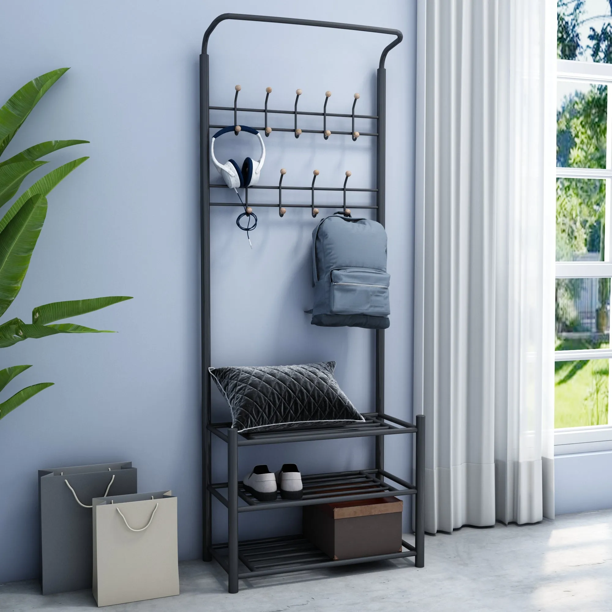 Hall Tree with Storage Bench, Thickened Steel Tube Assembled