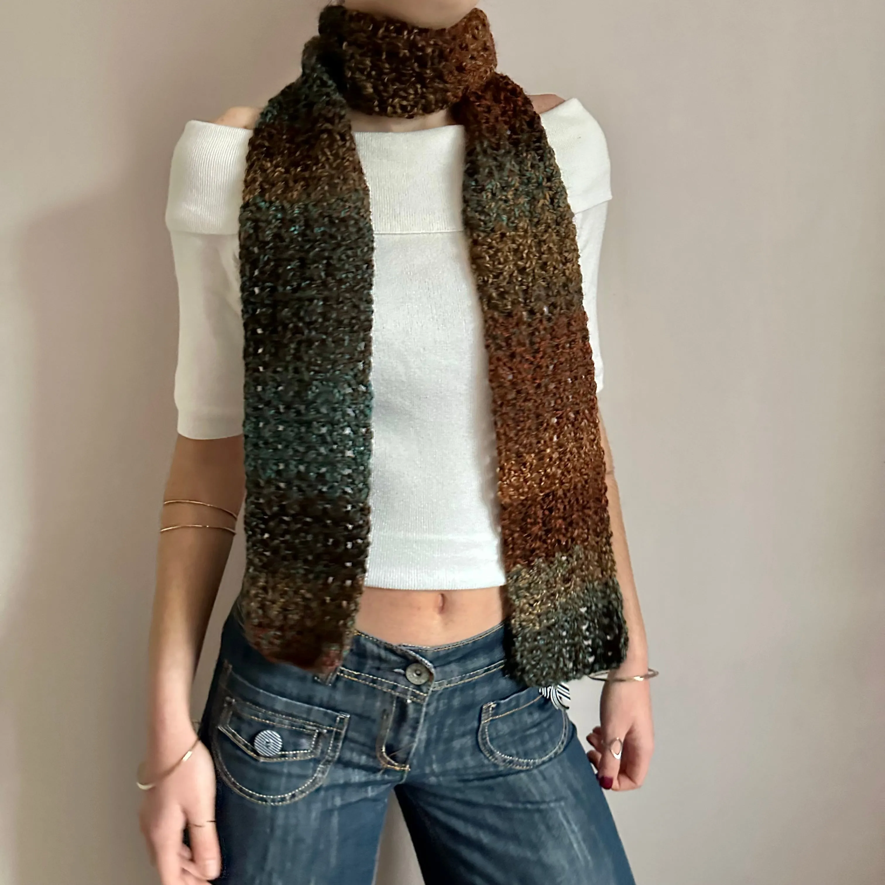 Handmade ombré brown and blue crochet scarf