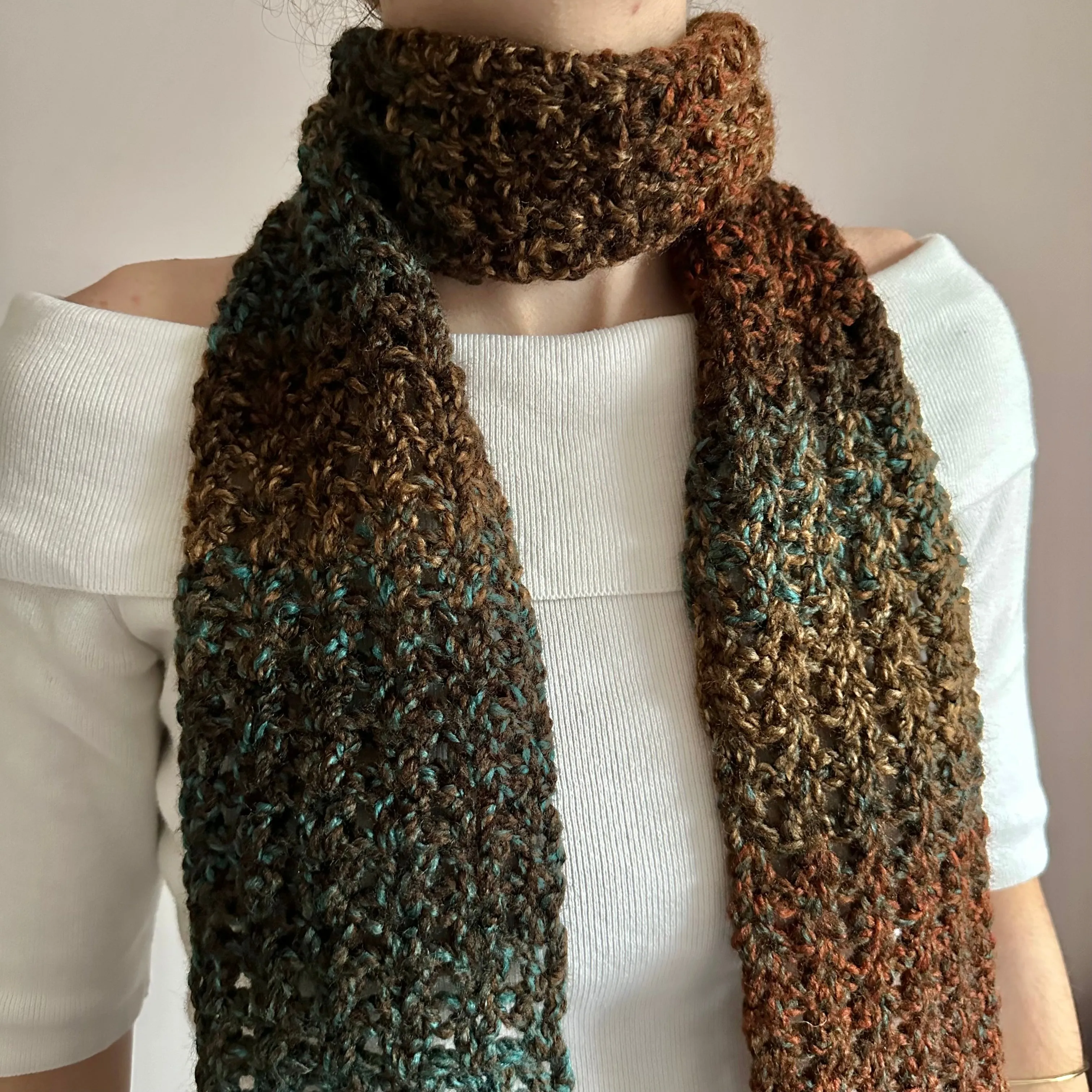 Handmade ombré brown and blue crochet scarf