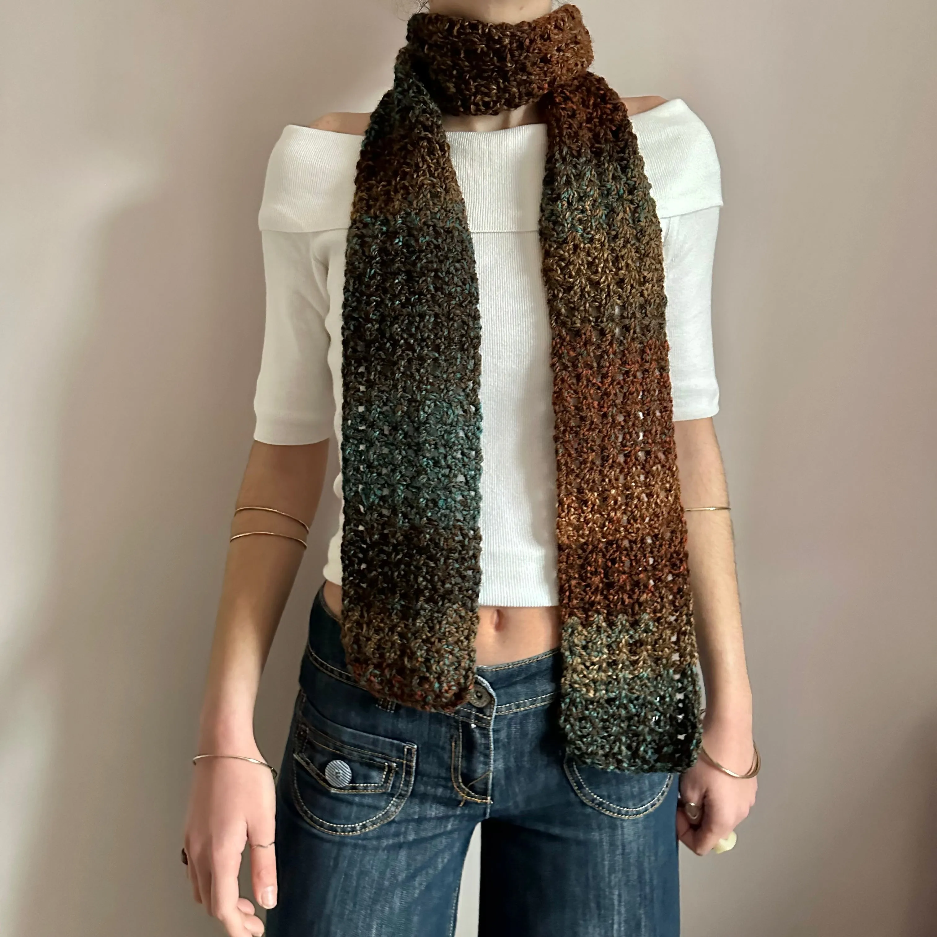 Handmade ombré brown and blue crochet scarf