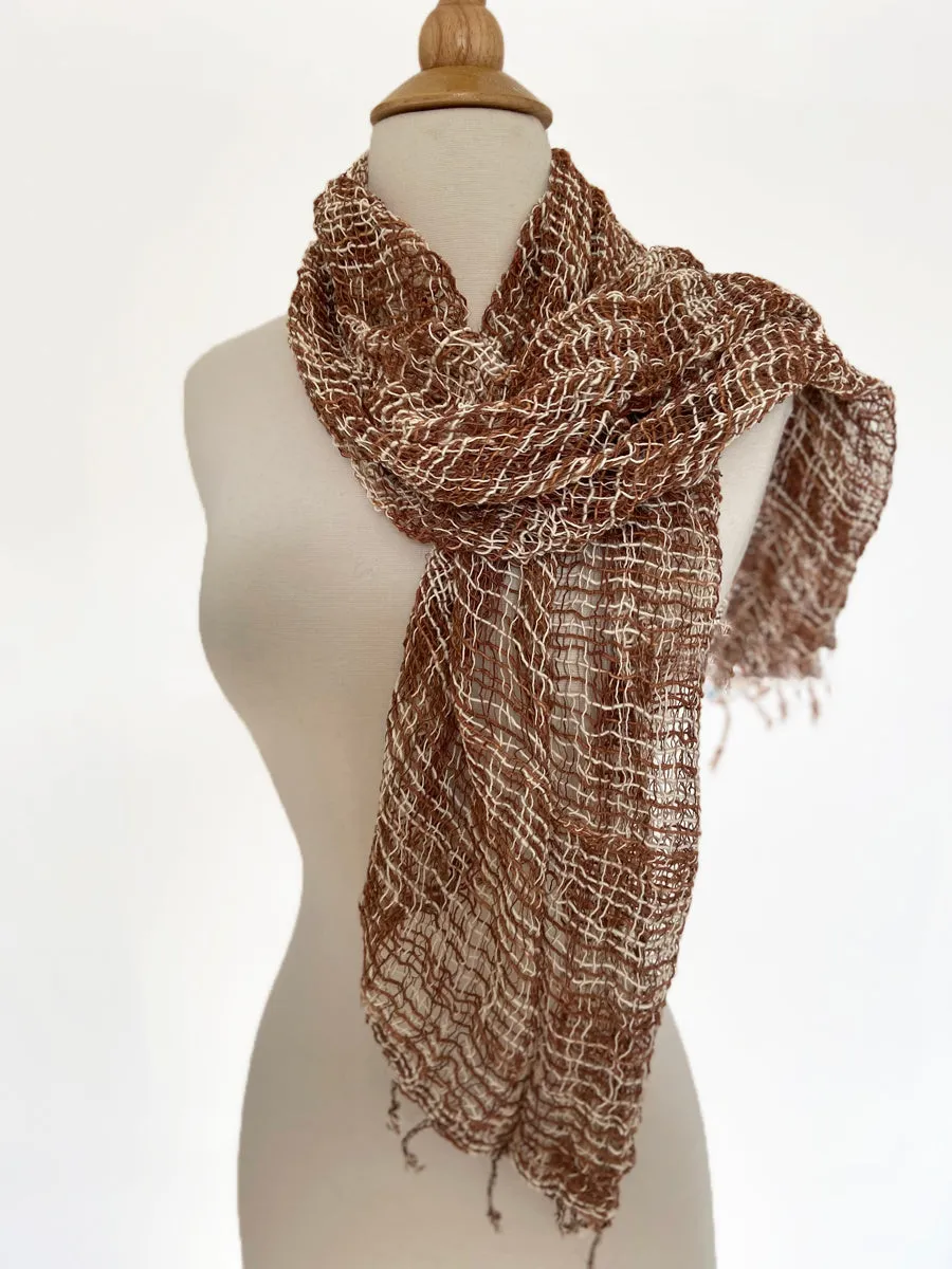 Handwoven Open Weave Cotton Scarf - Brown-White