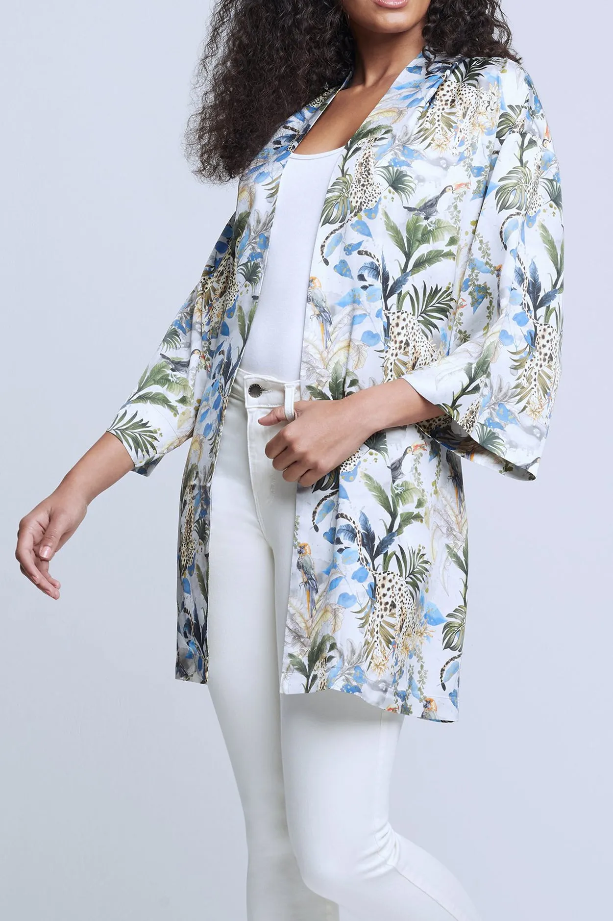 Hayden Kimono Jacket in Grey Green Animal Palm