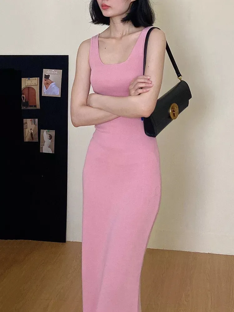 High Quality Ribbed Thick Knitted Maxi Dress For Women 2023 Sexy Bodycon Long Dress Sundress Ladies Pink Wrap Dresses C-024