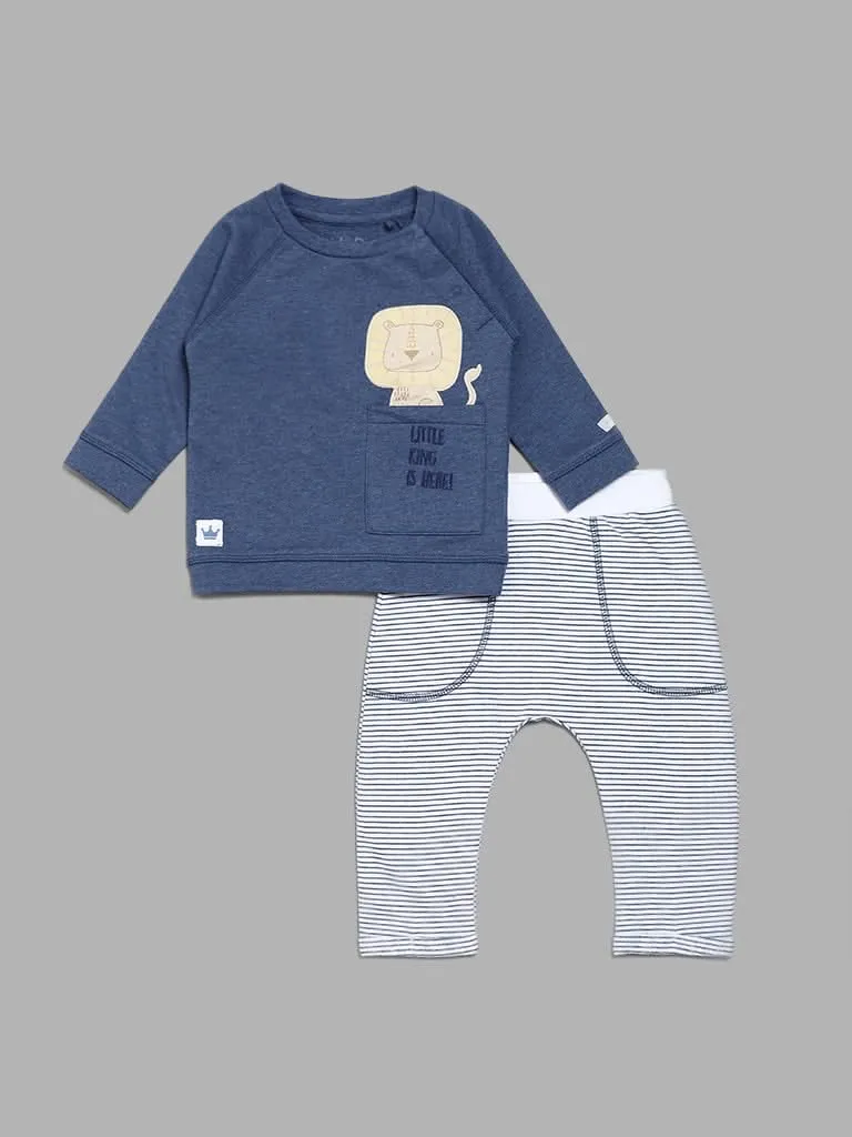 HOP Baby Printed Navy T-Shirt with Striped Joggers Set