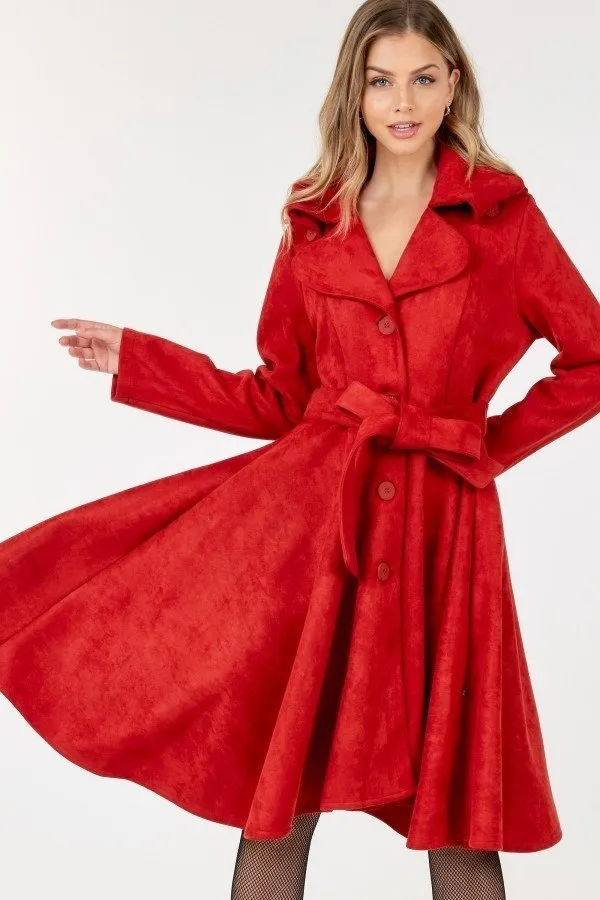 Hot Girl Drop-Red Gorgeous A-Line Suede Swing Overcoat In Red