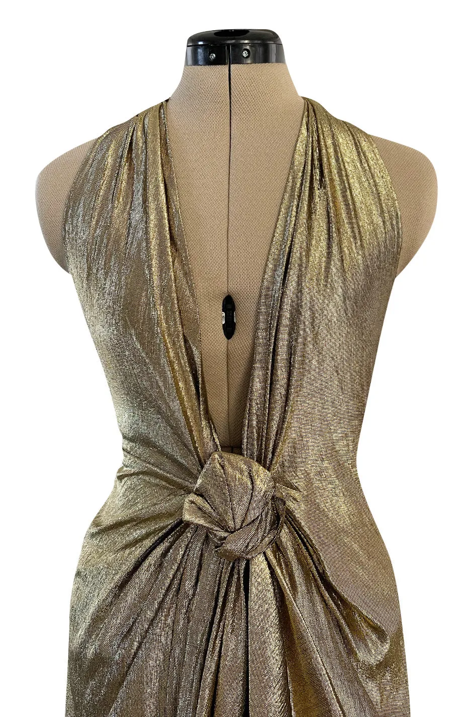 Iconic Fall 1980 John Anthony Couture Plunge Front Gold Lame Halter Dress w Bare Back