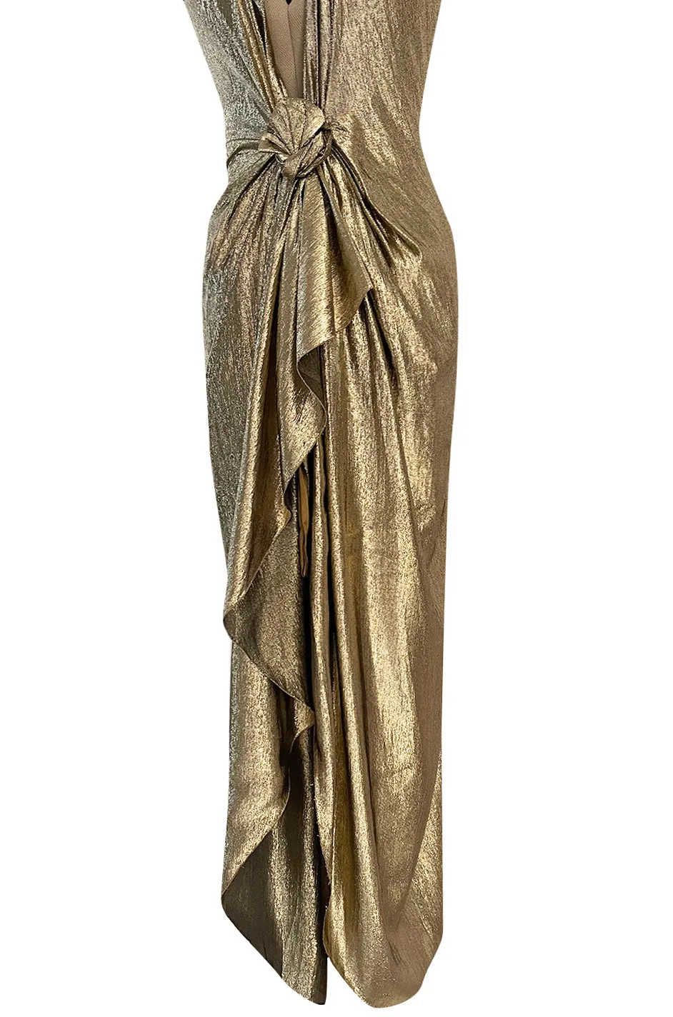 Iconic Fall 1980 John Anthony Couture Plunge Front Gold Lame Halter Dress w Bare Back