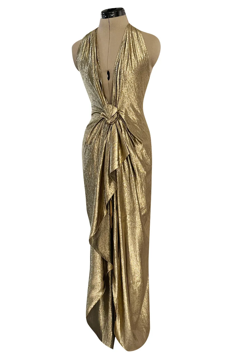 Iconic Fall 1980 John Anthony Couture Plunge Front Gold Lame Halter Dress w Bare Back