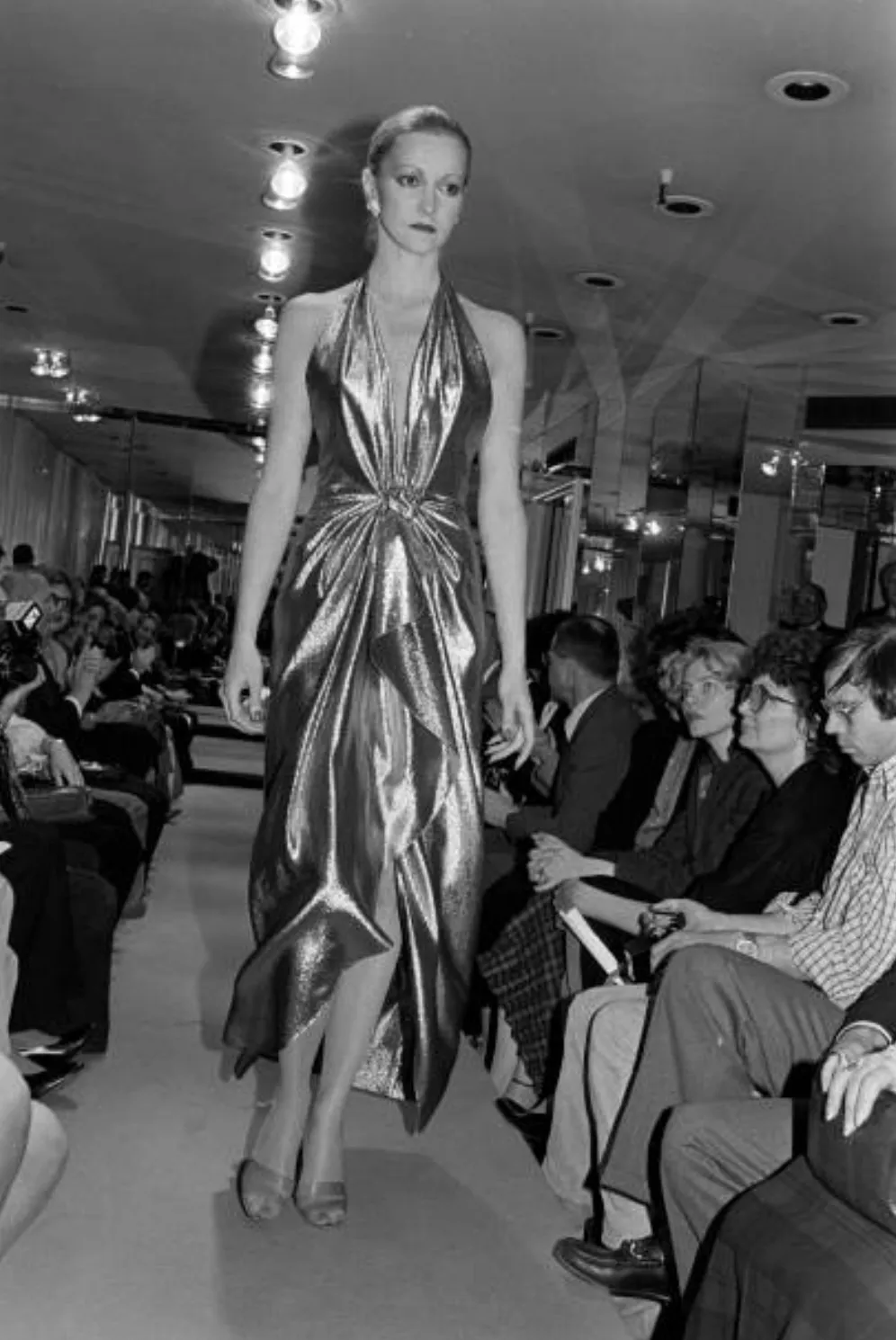 Iconic Fall 1980 John Anthony Couture Plunge Front Gold Lame Halter Dress w Bare Back