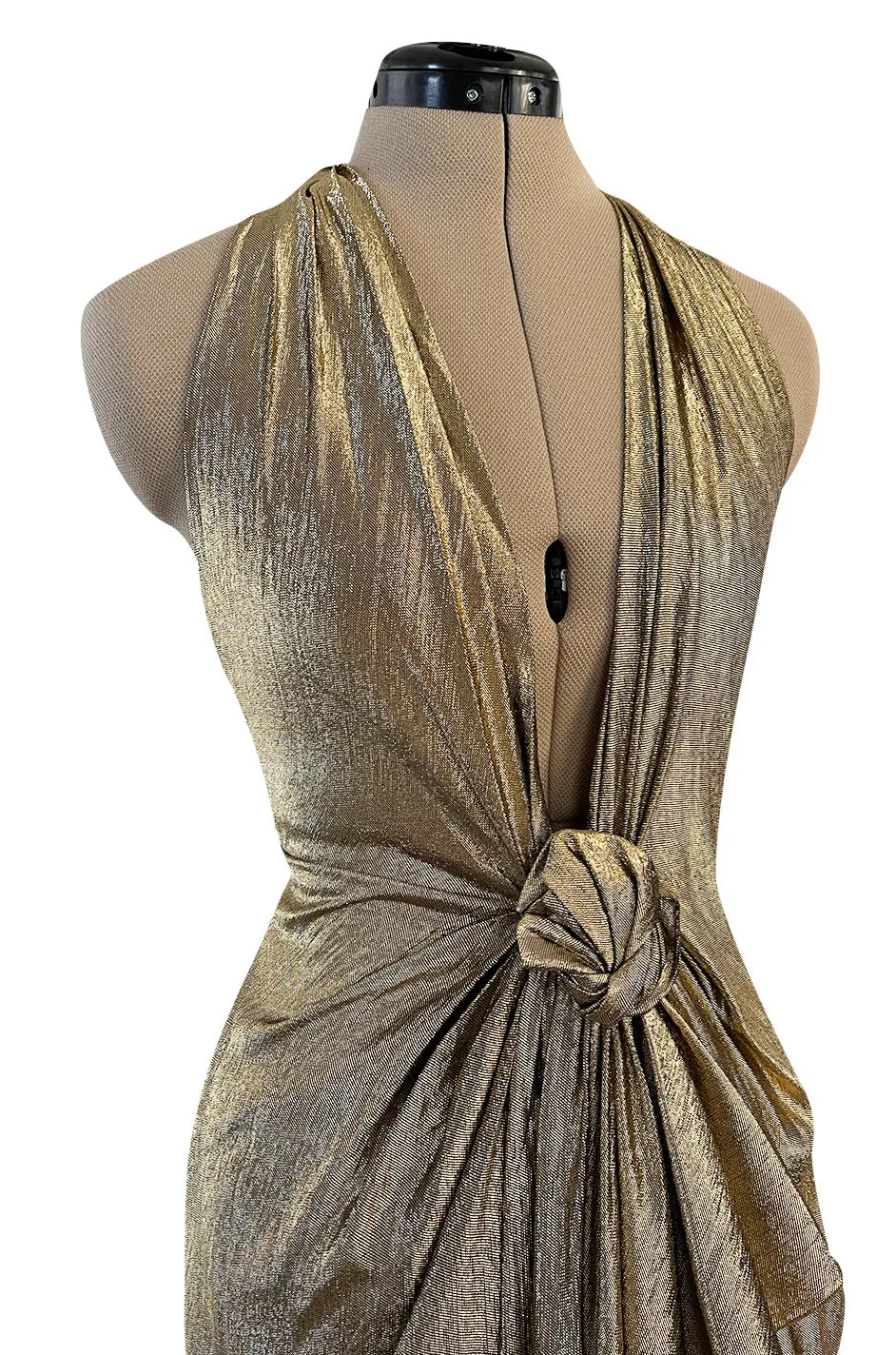 Iconic Fall 1980 John Anthony Couture Plunge Front Gold Lame Halter Dress w Bare Back