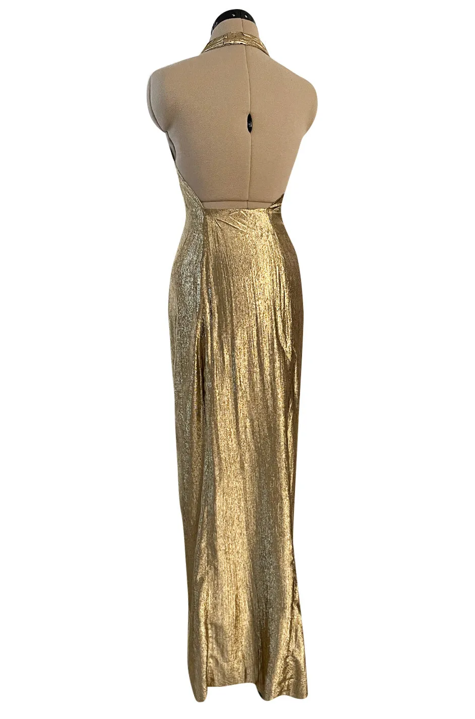 Iconic Fall 1980 John Anthony Couture Plunge Front Gold Lame Halter Dress w Bare Back