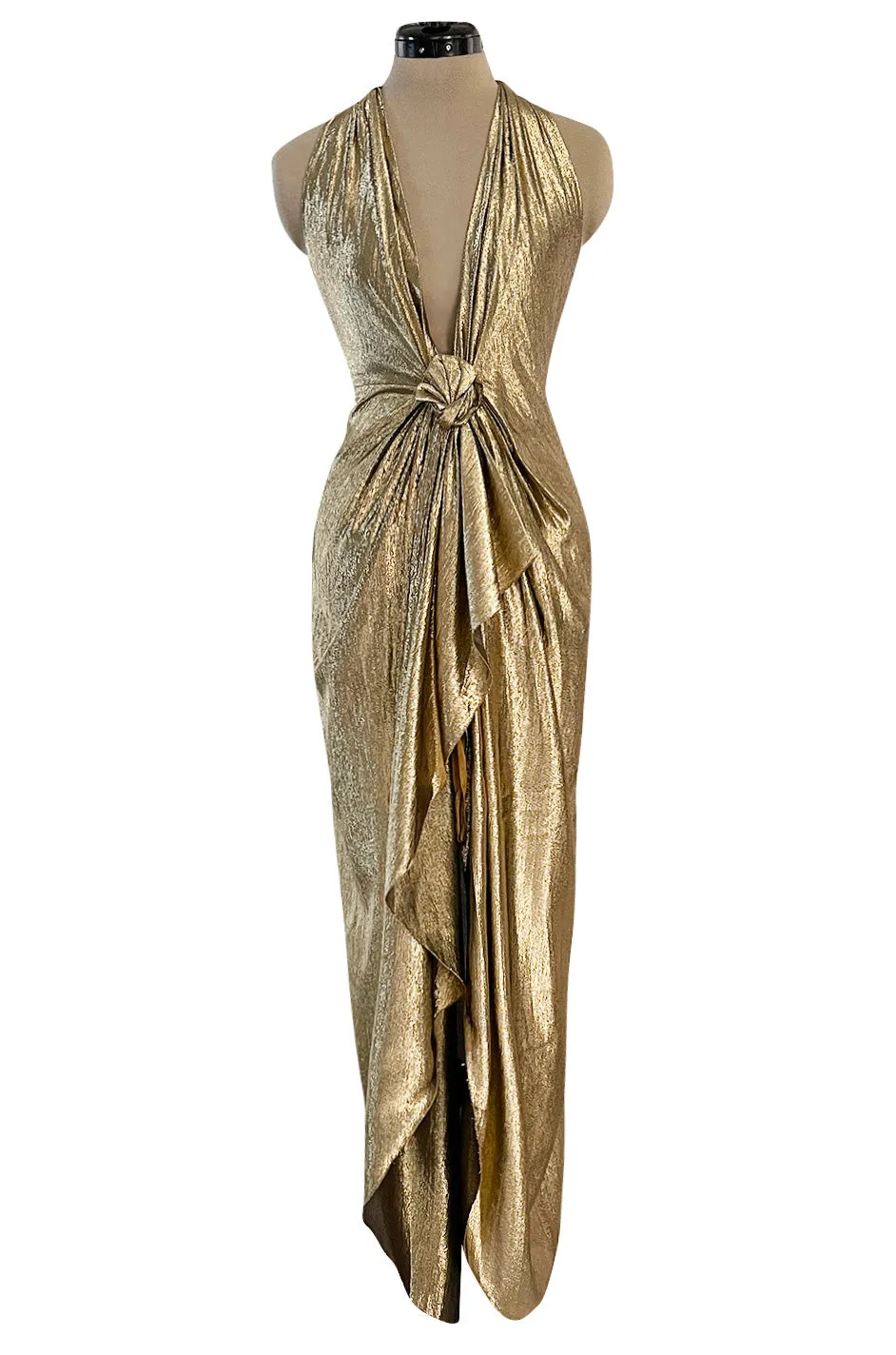 Iconic Fall 1980 John Anthony Couture Plunge Front Gold Lame Halter Dress w Bare Back