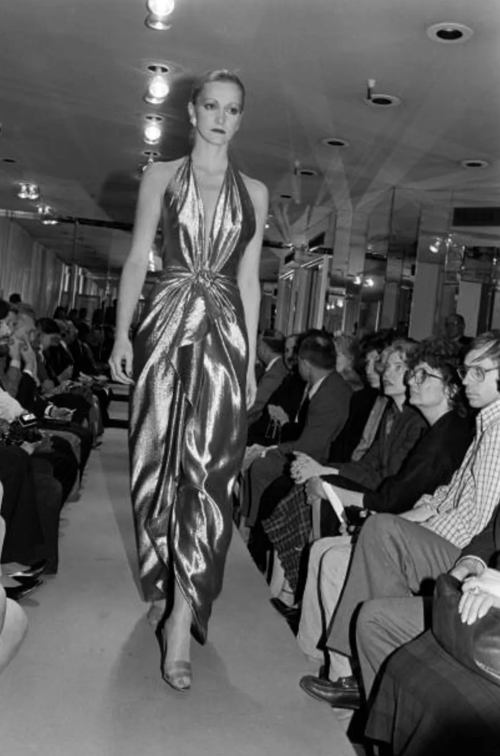 Iconic Fall 1980 John Anthony Couture Plunge Front Gold Lame Halter Dress w Bare Back