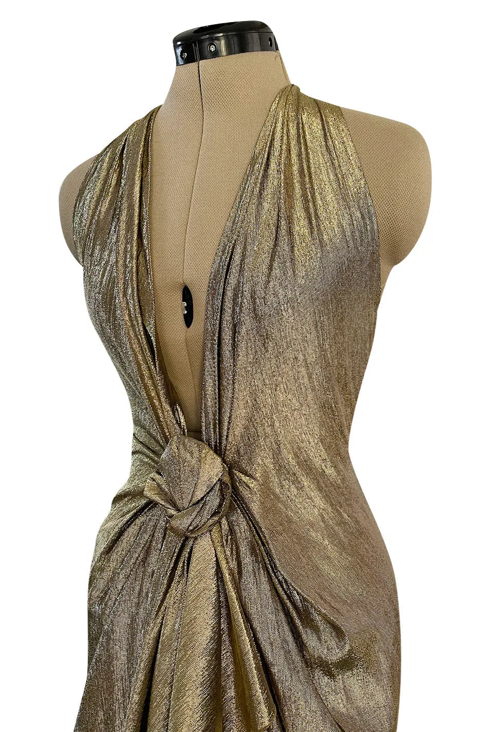 Iconic Fall 1980 John Anthony Couture Plunge Front Gold Lame Halter Dress w Bare Back