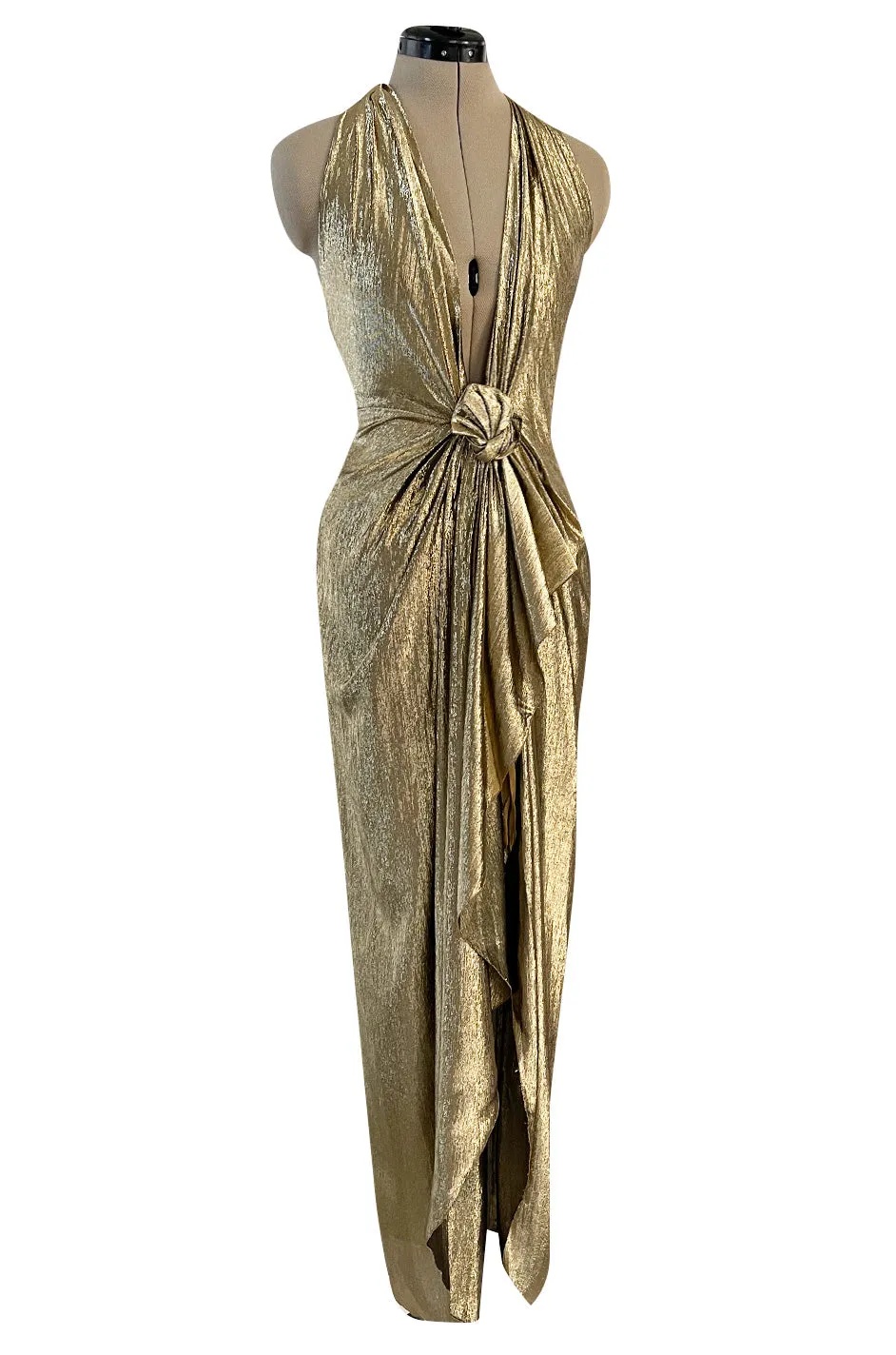 Iconic Fall 1980 John Anthony Couture Plunge Front Gold Lame Halter Dress w Bare Back