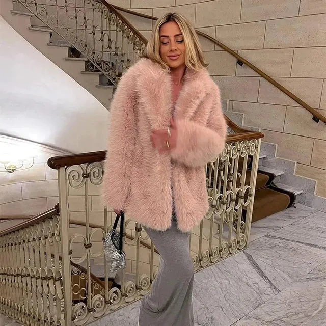 Iconic Fluffy Furry Faux Fur Jacket Winter Shaggy Overcoat Fur Coat