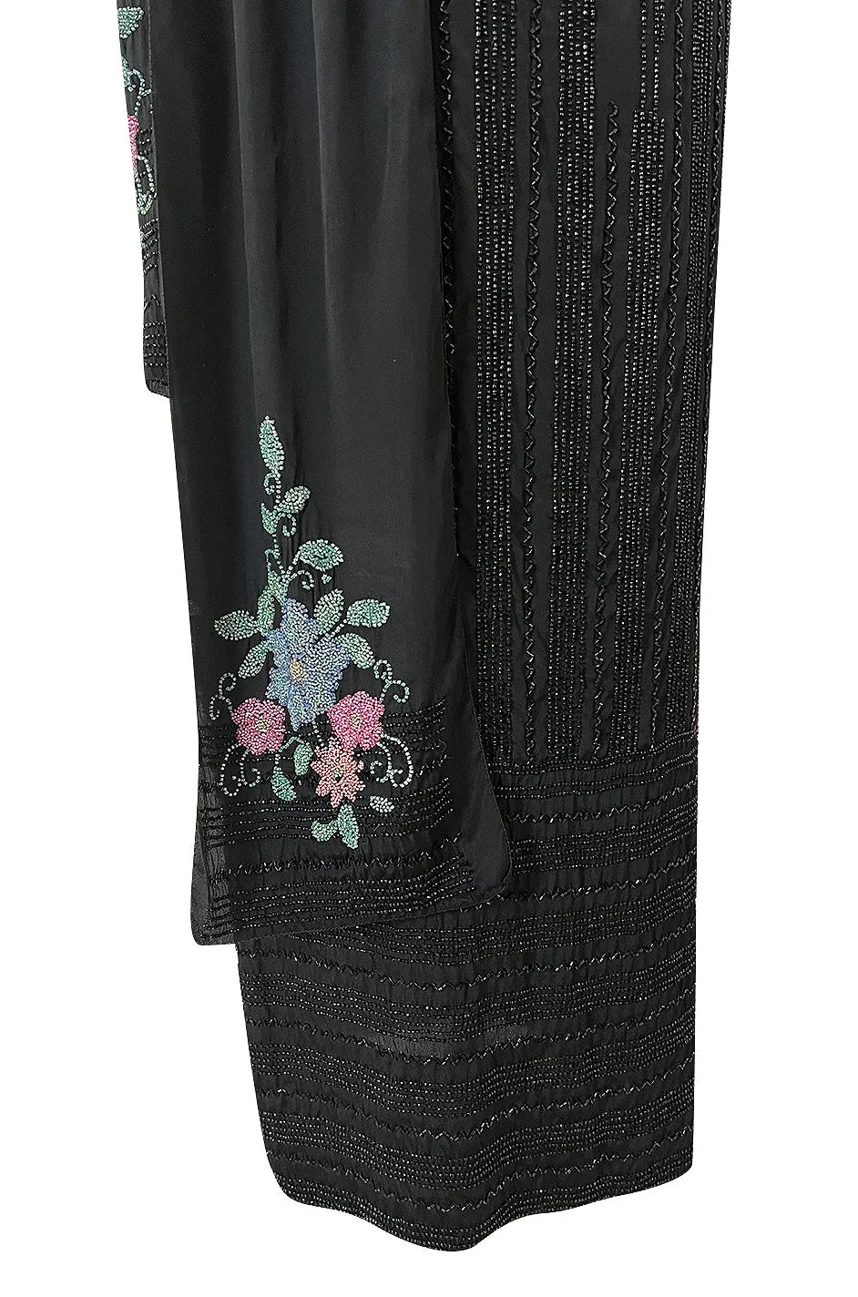 Incredible 1920s Densely Beaded Flapper Dress w Attached Floral Beaded Silk Panels