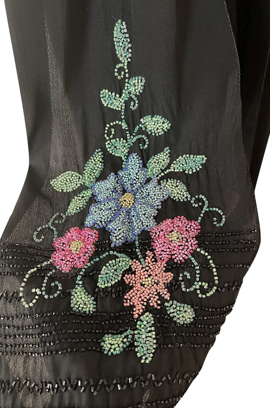 Incredible 1920s Densely Beaded Flapper Dress w Attached Floral Beaded Silk Panels