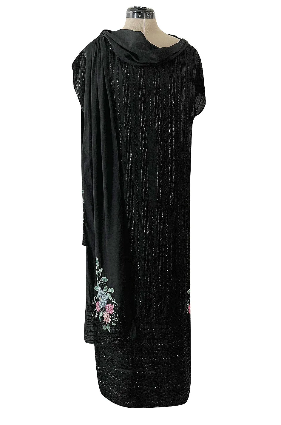 Incredible 1920s Densely Beaded Flapper Dress w Attached Floral Beaded Silk Panels