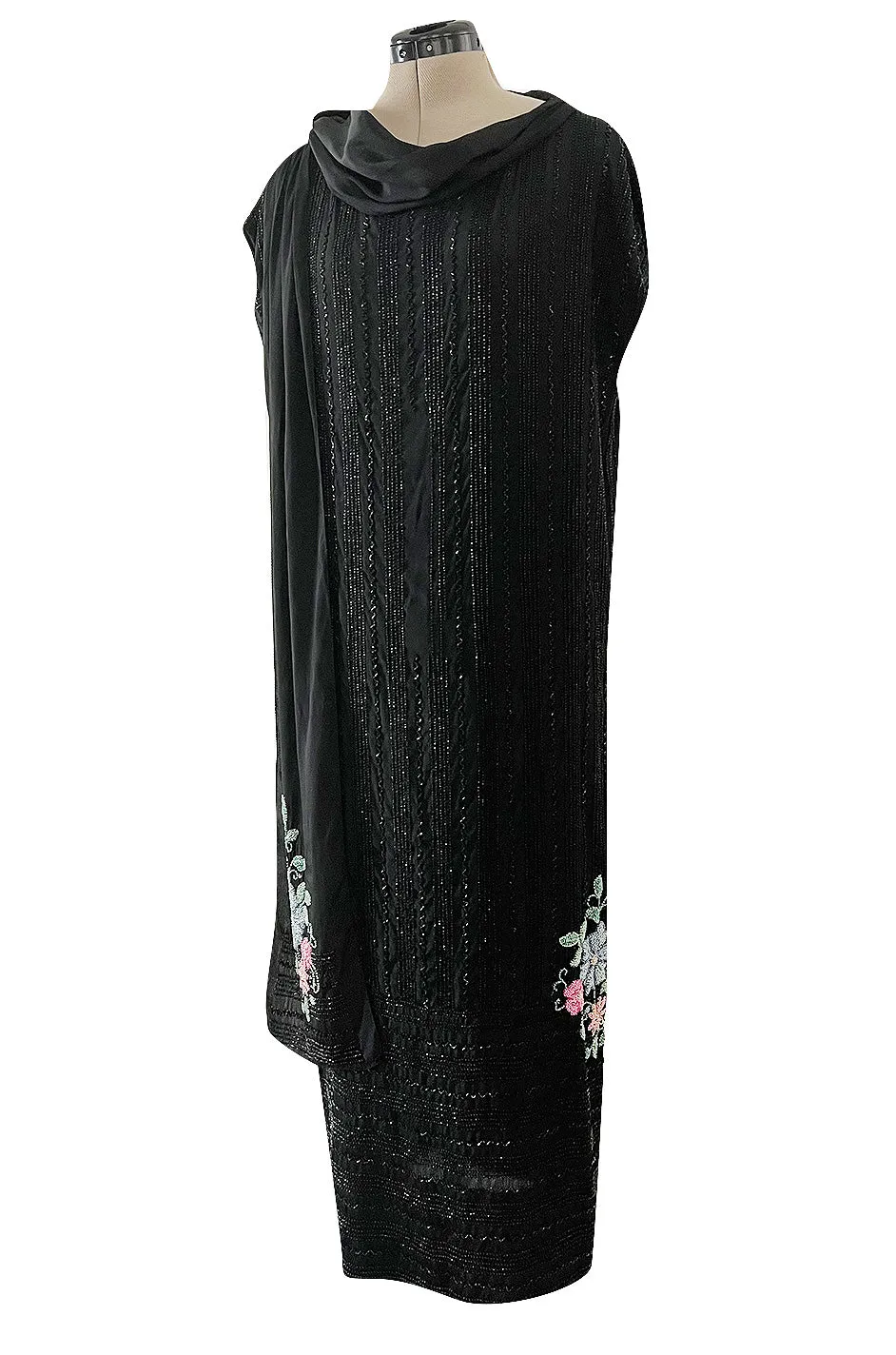 Incredible 1920s Densely Beaded Flapper Dress w Attached Floral Beaded Silk Panels