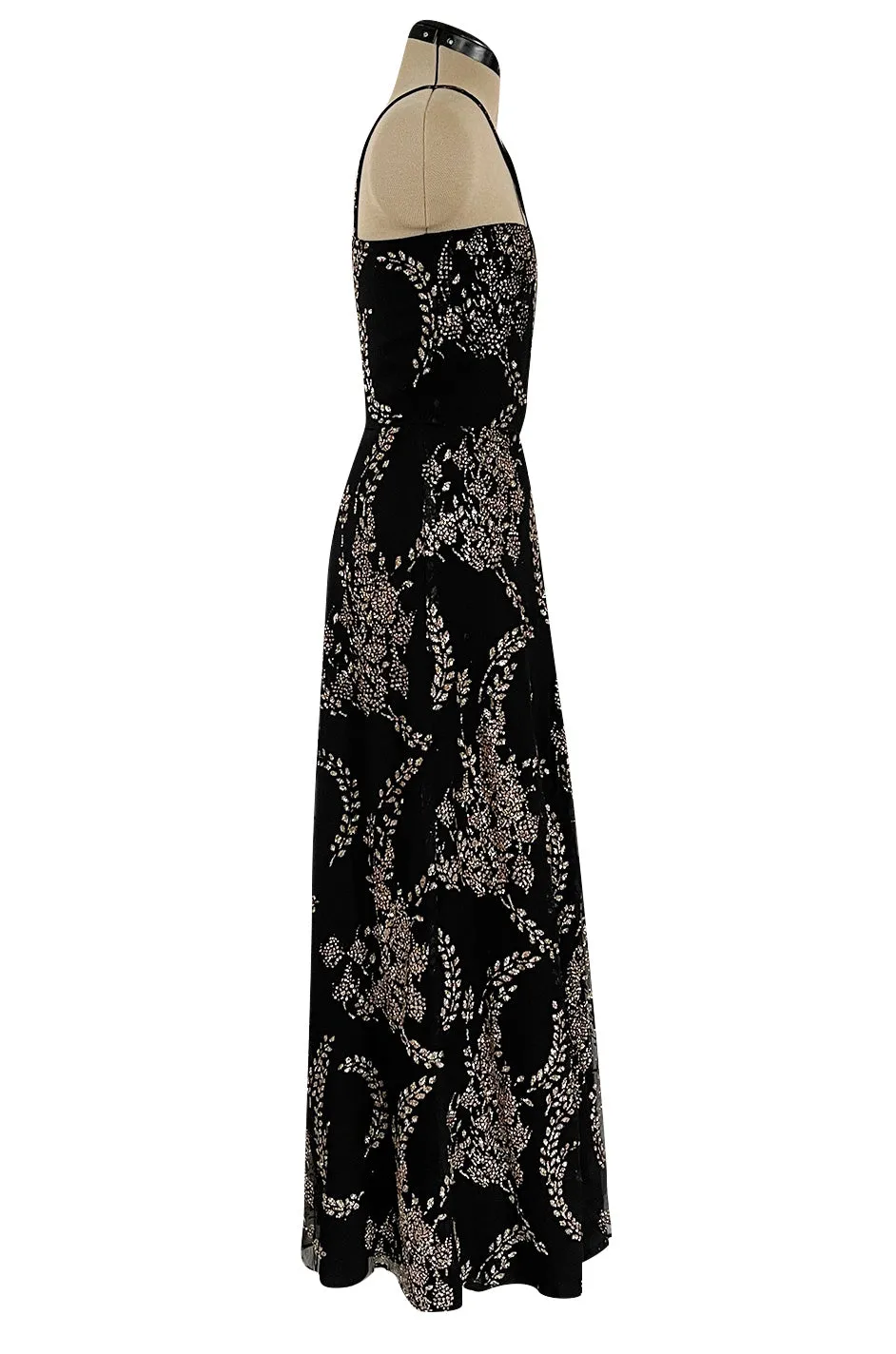 Incredible 1970s Ted Lapidus Sparkling Glitter Fused Design on Black Silk Chiffon Dress