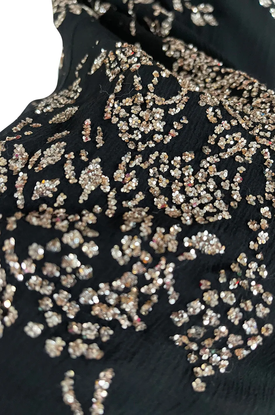 Incredible 1970s Ted Lapidus Sparkling Glitter Fused Design on Black Silk Chiffon Dress