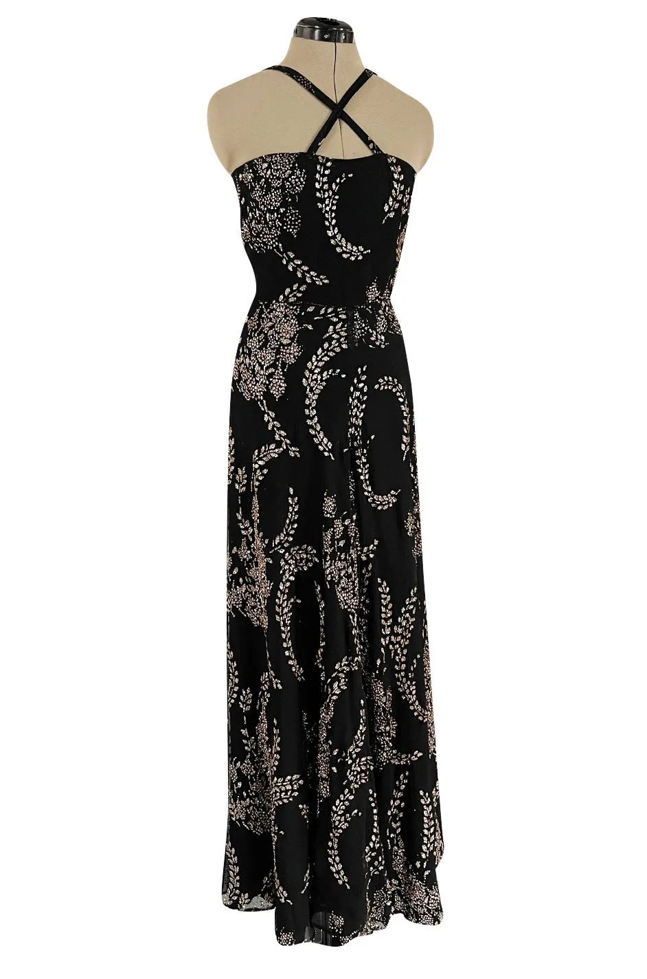 Incredible 1970s Ted Lapidus Sparkling Glitter Fused Design on Black Silk Chiffon Dress