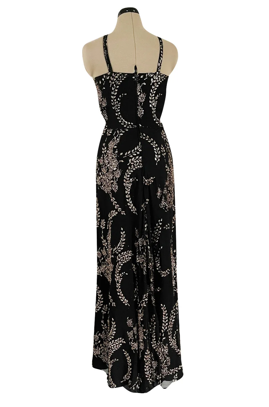 Incredible 1970s Ted Lapidus Sparkling Glitter Fused Design on Black Silk Chiffon Dress