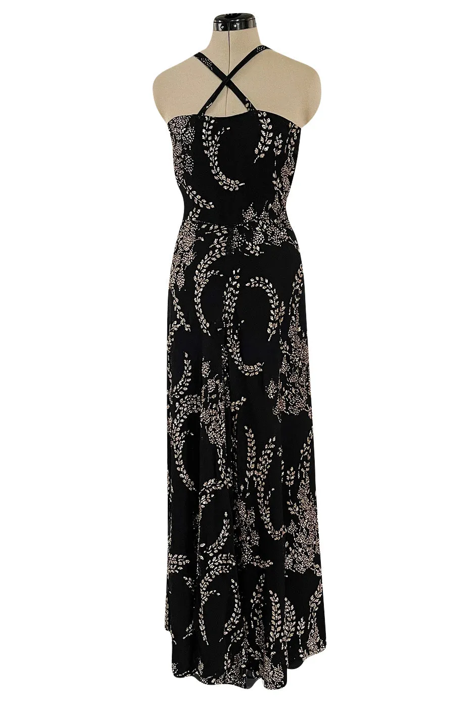 Incredible 1970s Ted Lapidus Sparkling Glitter Fused Design on Black Silk Chiffon Dress