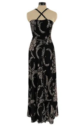 Incredible 1970s Ted Lapidus Sparkling Glitter Fused Design on Black Silk Chiffon Dress