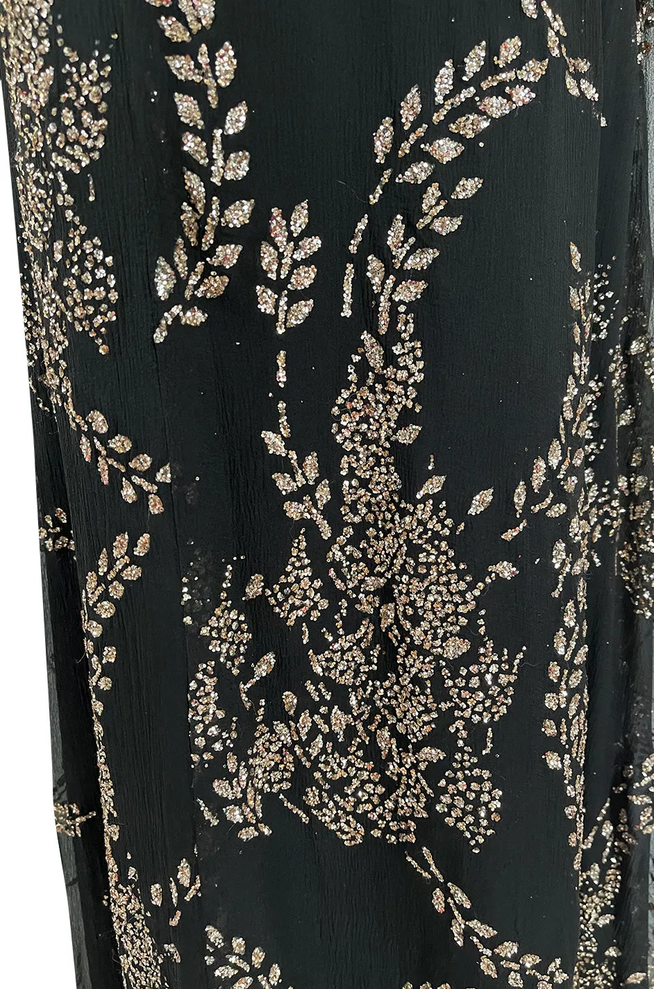 Incredible 1970s Ted Lapidus Sparkling Glitter Fused Design on Black Silk Chiffon Dress