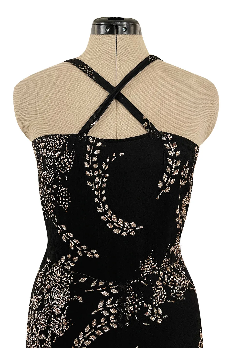 Incredible 1970s Ted Lapidus Sparkling Glitter Fused Design on Black Silk Chiffon Dress