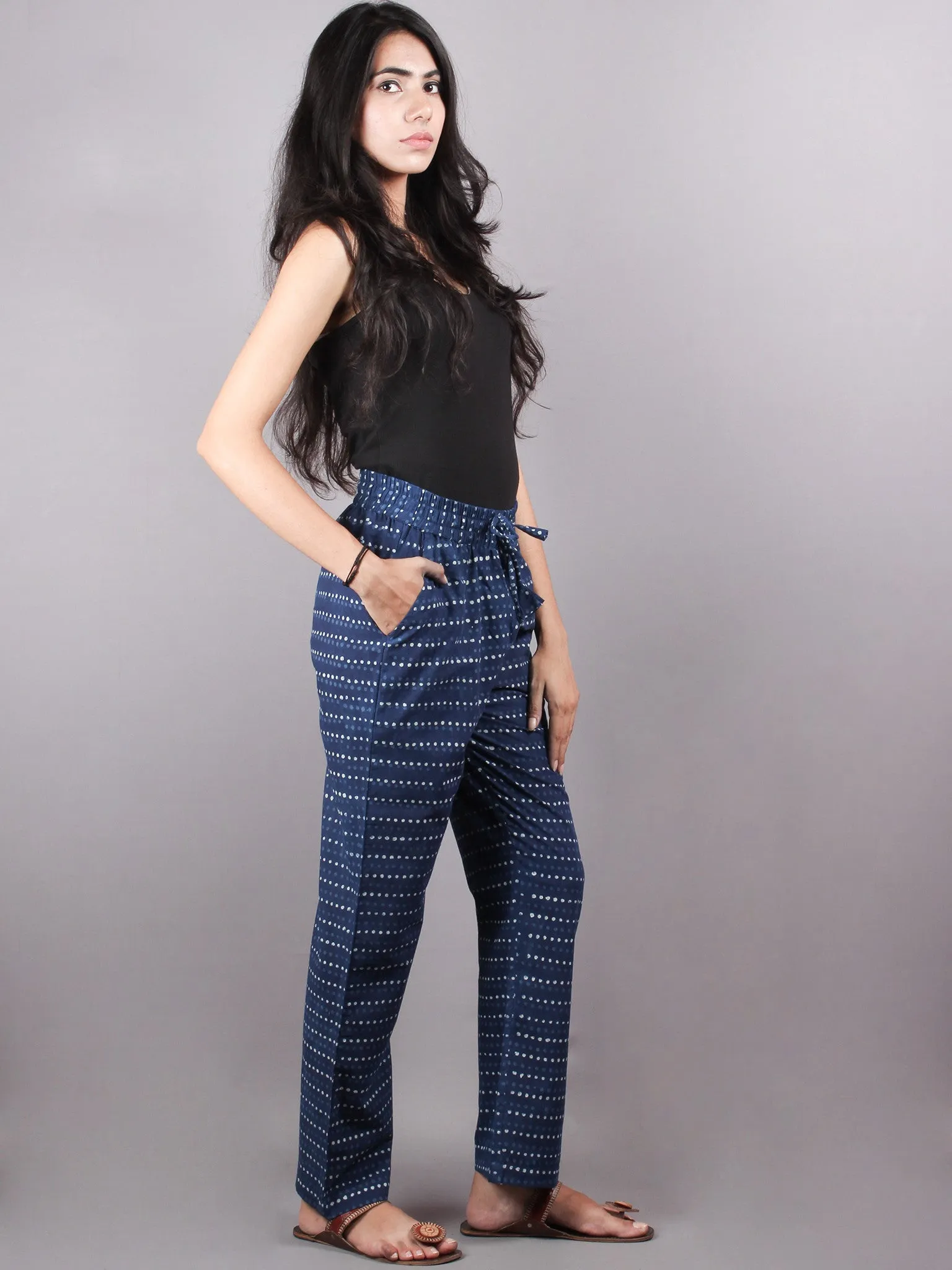 Indigo dotsHand Block Printed Elasticated Waist Trousers- T0317034