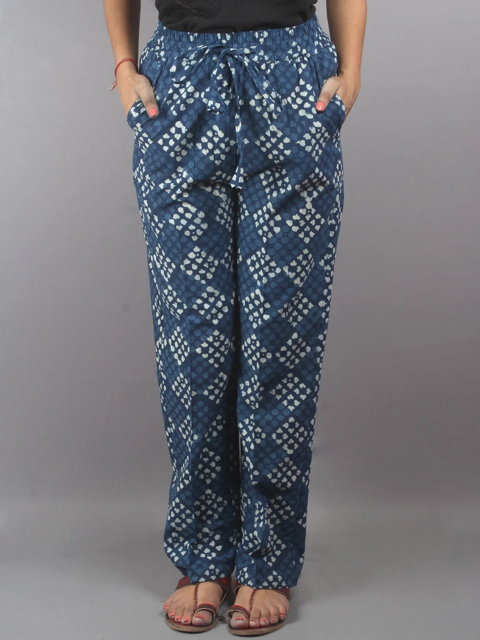 Indigo Hand Block Printed Elasticated Waist Trousers- T0317024