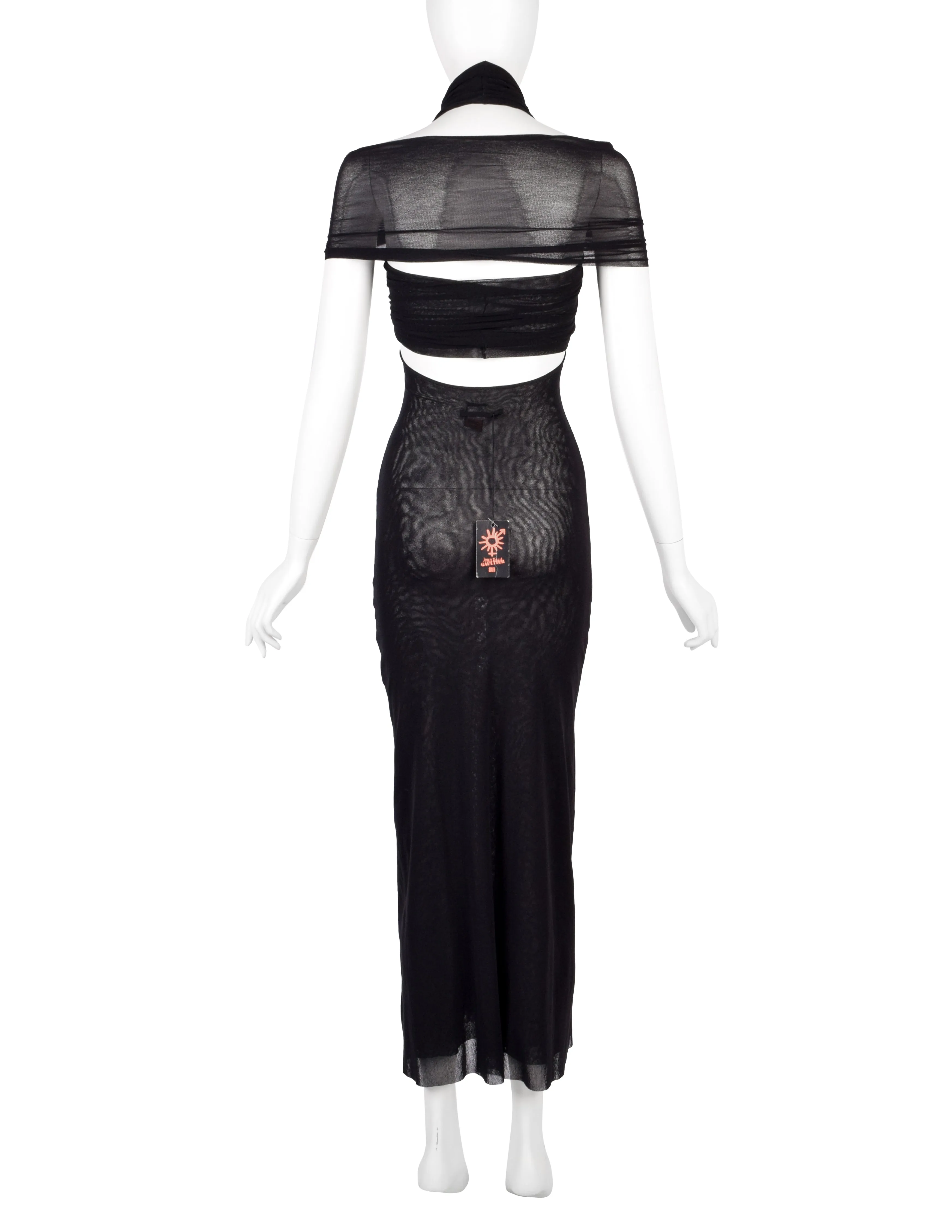 Jean Paul Gaultier Vintage SS 1999 Black Mesh Banded Bodycon Halter Maxi Dress