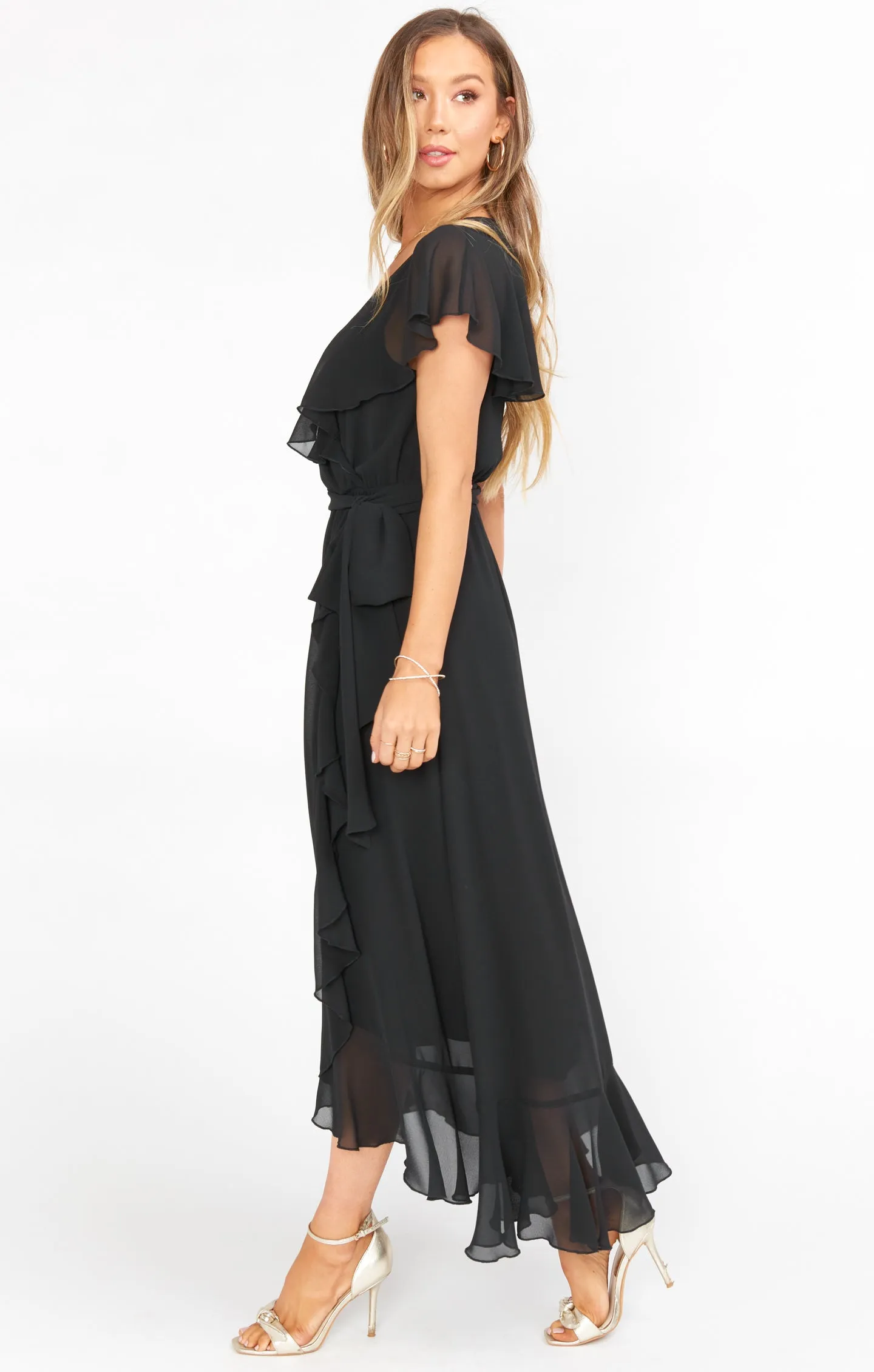 Jess Ruffle Midi Dress ~ Black Chiffon