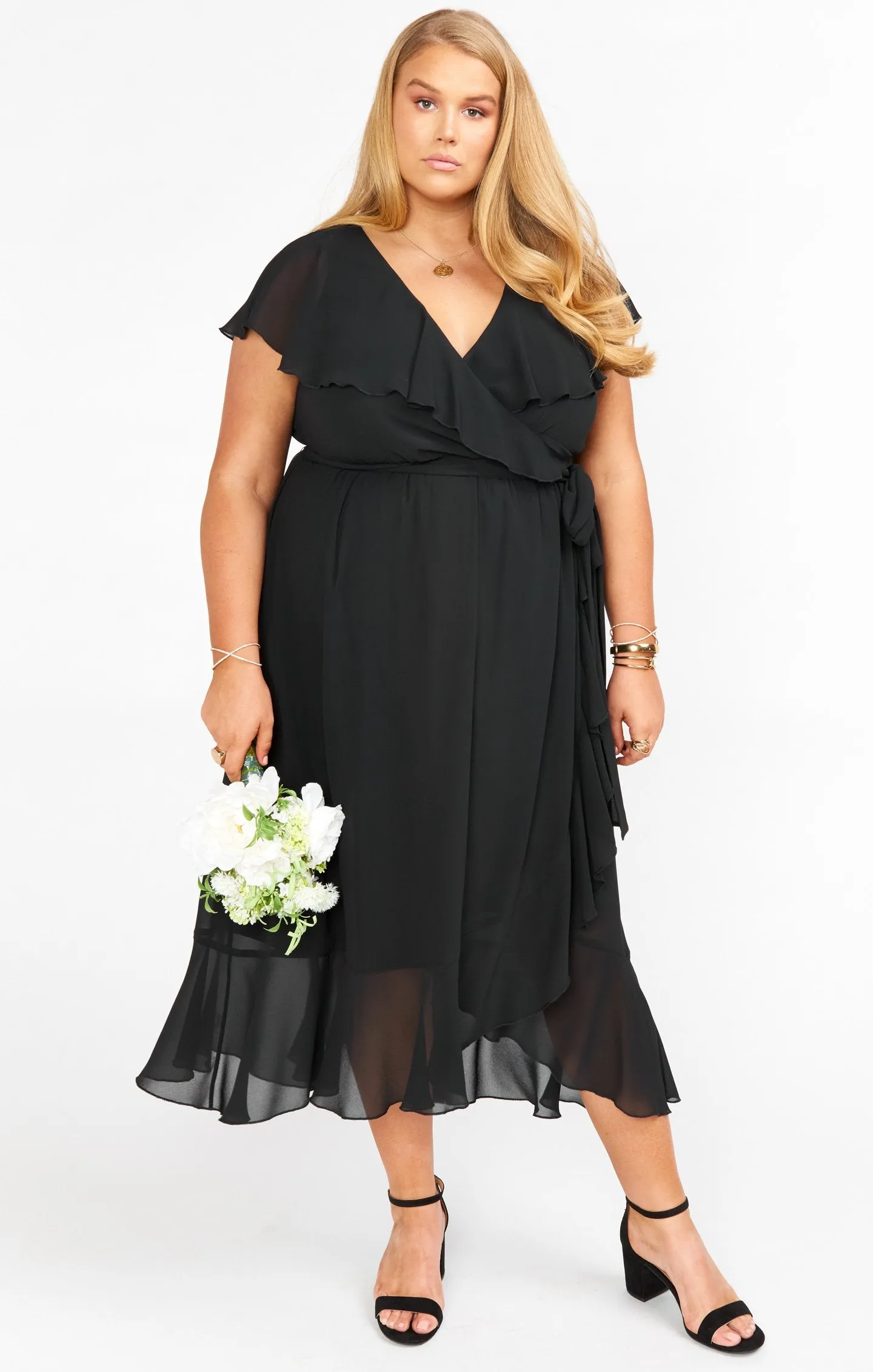 Jess Ruffle Midi Dress ~ Black Chiffon