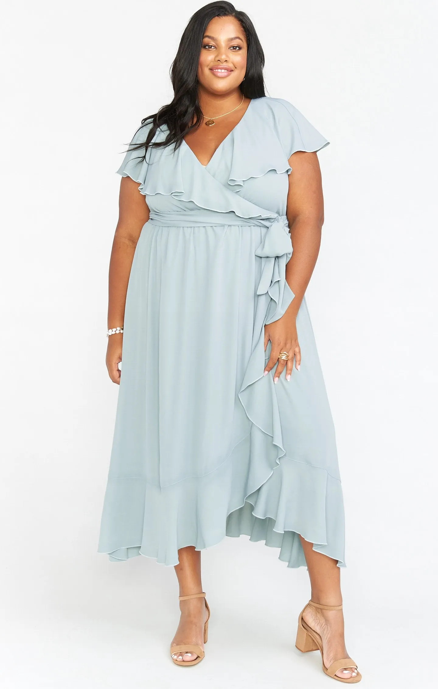 Jess Ruffle Midi Dress ~ Silver Sage Crisp