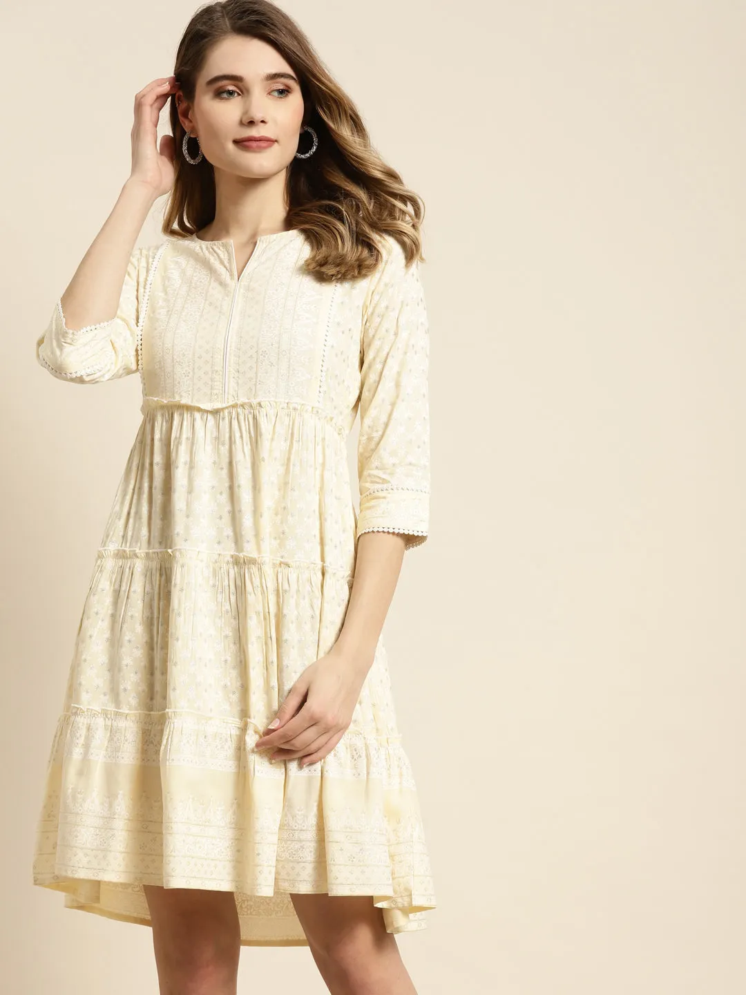 Juniper Light Yellow Rayon Printed Tiered Dress With Tie-Up Belt