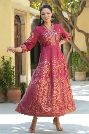 Juniper Maroon Ethnic Motif Printed Rayon Anarkali Dress.