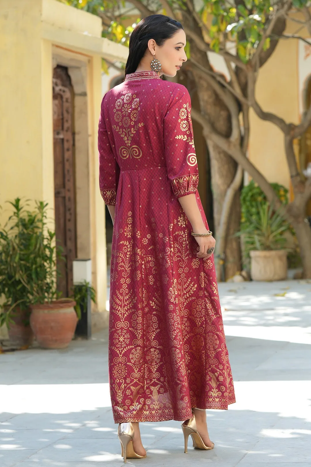 Juniper Maroon Ethnic Motif Printed Rayon Anarkali Dress.