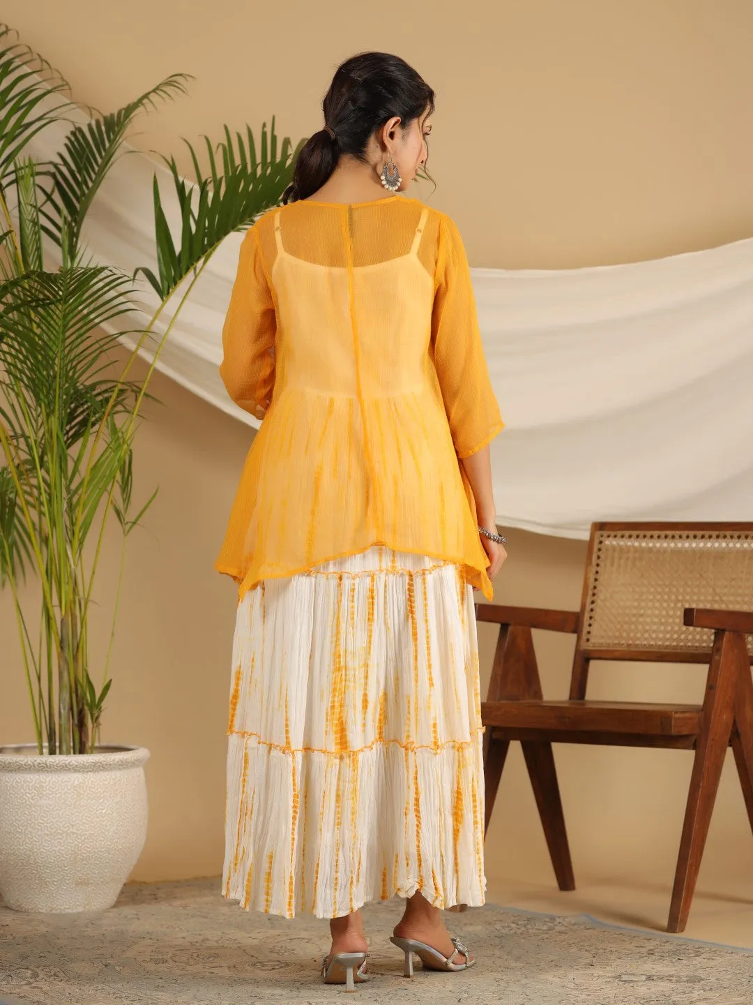 Juniper Mustard Tie-Dye Tiered & Layered Pure Cotton Dress With Mirror Work Embroidery